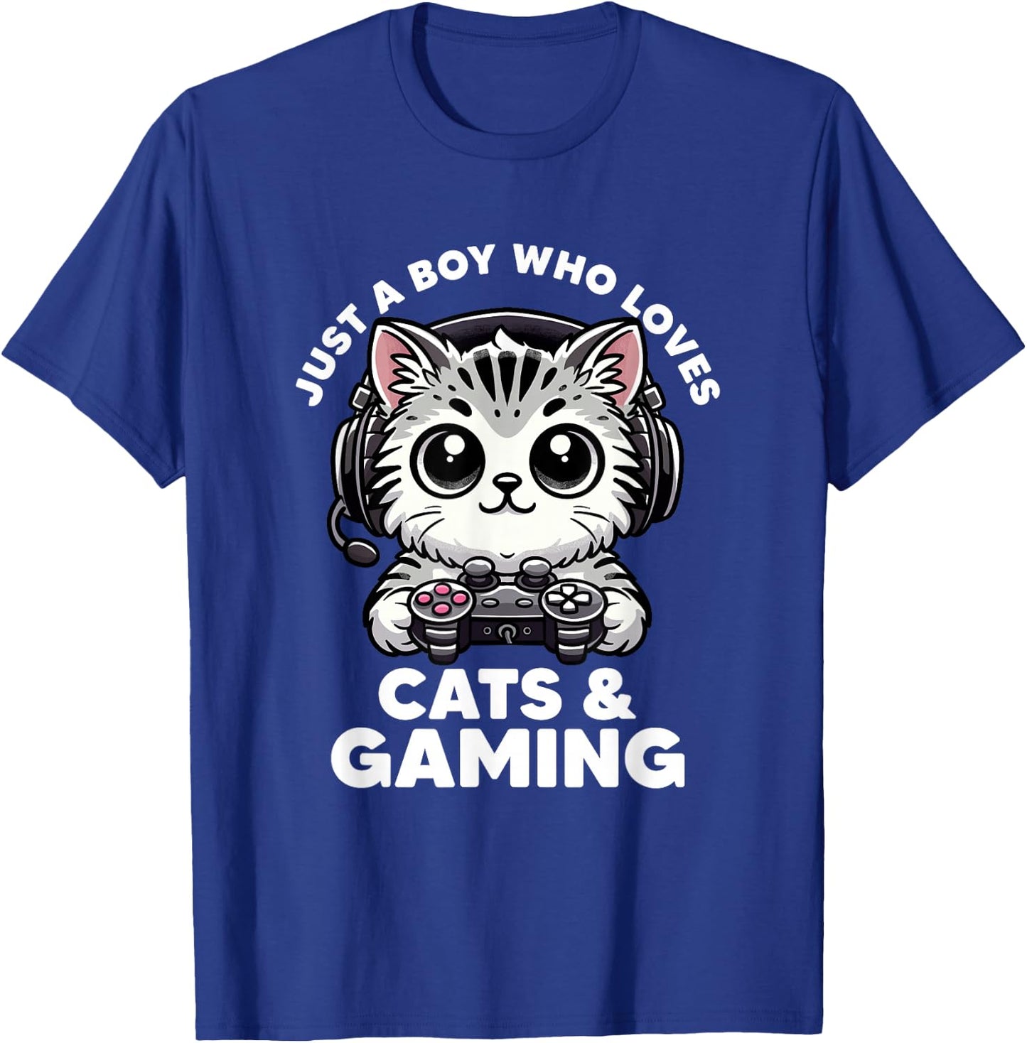 Just A Boy Who Loves Cats & Gaming Boy Cat Dad Funny Gamer T-Shirt - T-Shirt | Royal