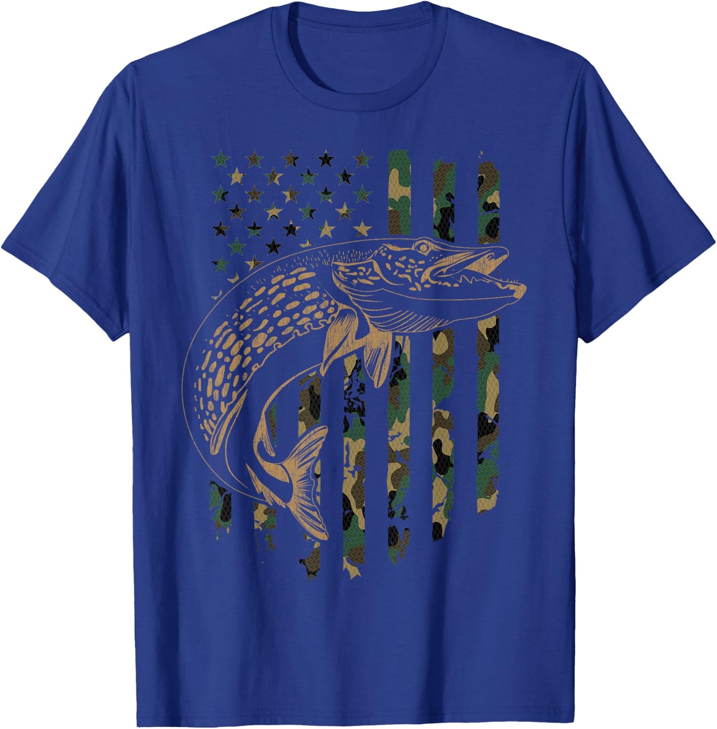 Pike Fishing American Flag Camouflage Muskie Fishing Camo T-Shirt - T-Shirt | Royal