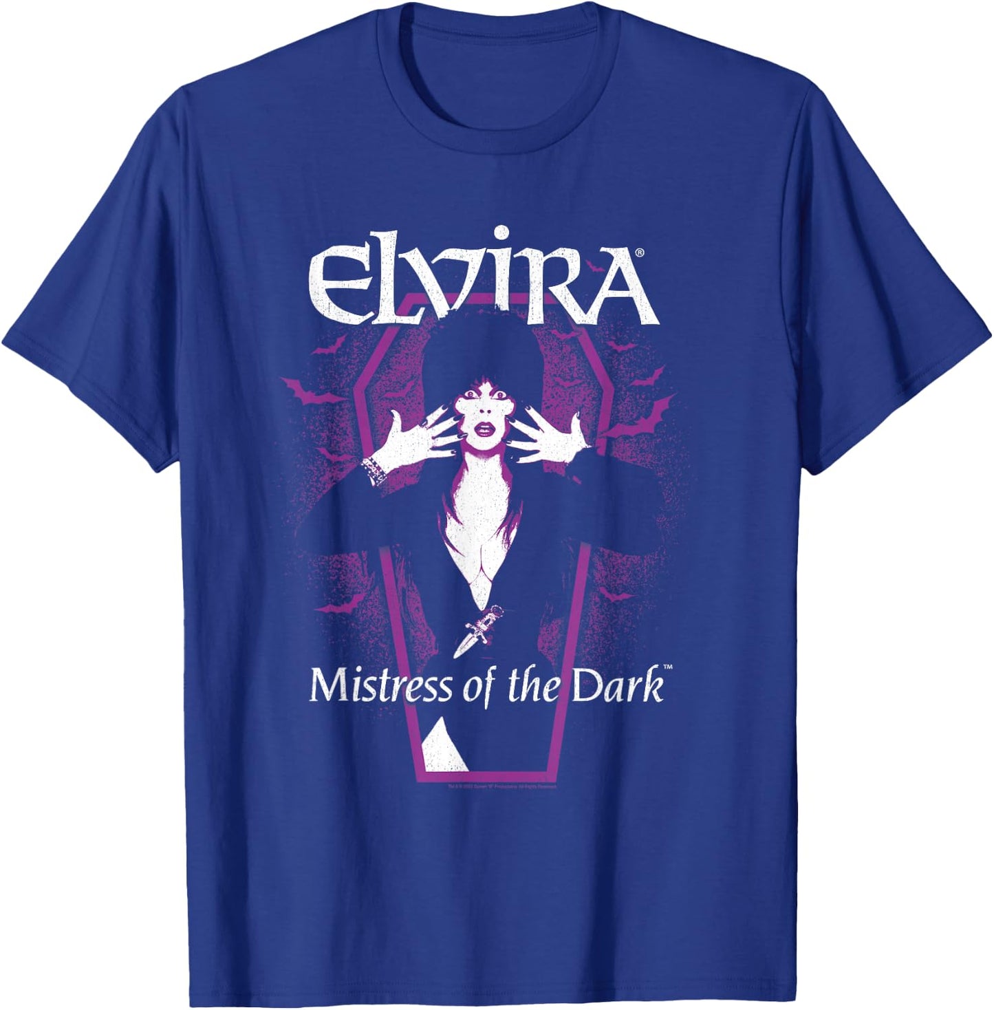 Elvira, Mistress of The Dark Purple Bats and Coffin T-Shirt - T-Shirt | Royal