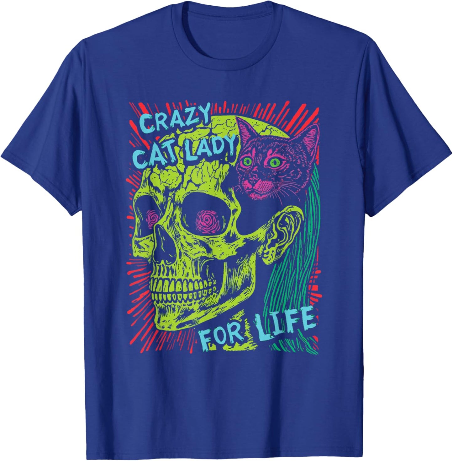 Crazy Cat Lady For Life Goth Punk Grunge Cat With Skull T-Shirt - T-Shirt | Royal