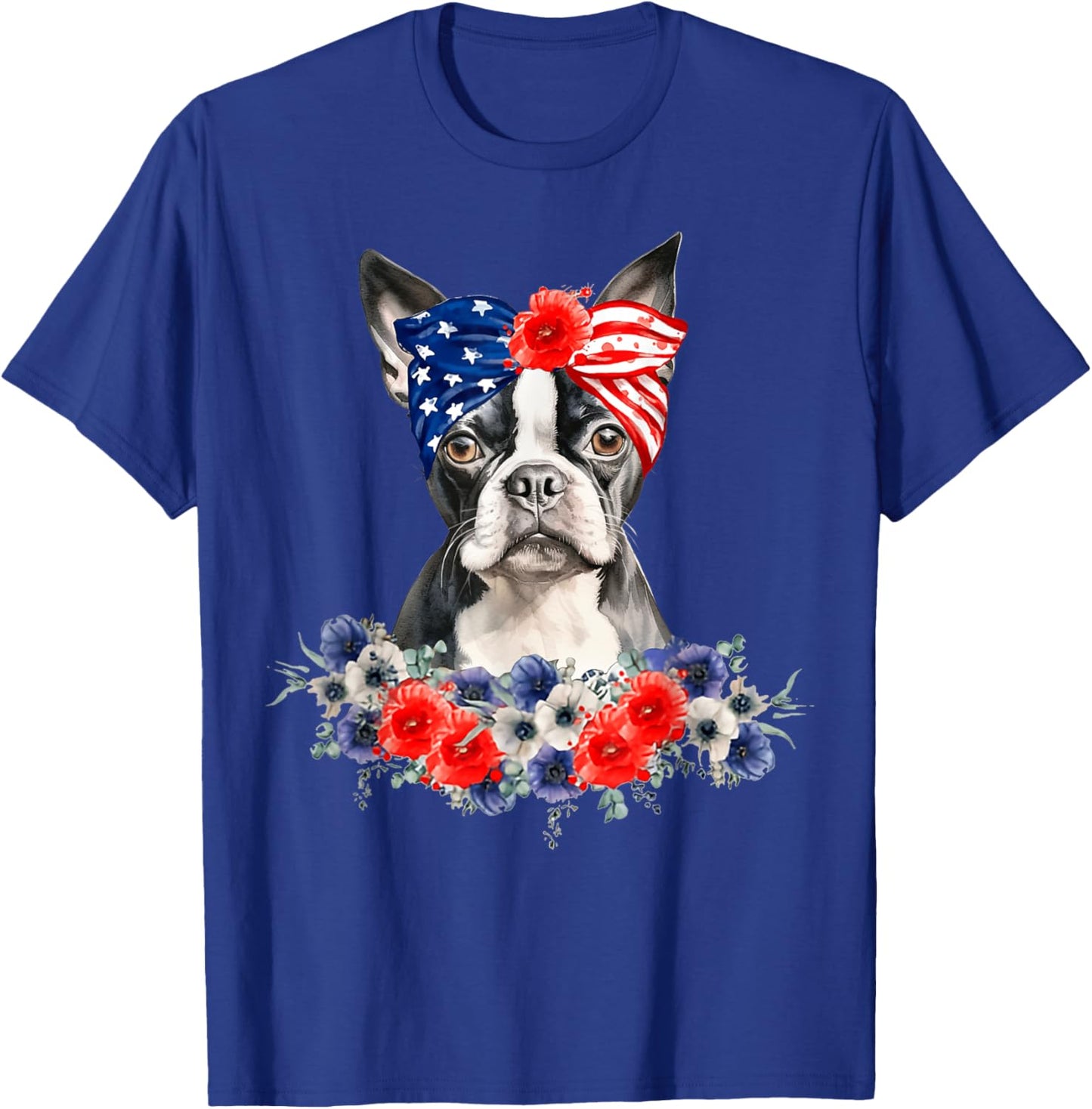 Boston Terrier Dog Bandana American Flag 4th Of July T-Shirt - T-Shirt | Royal