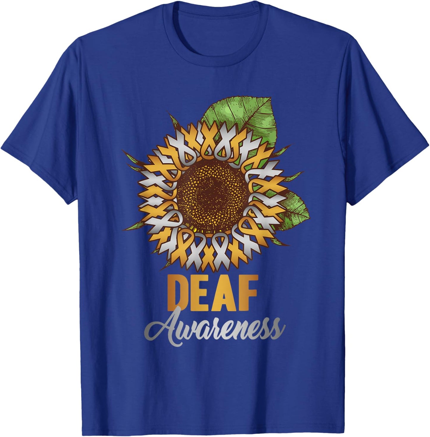 Deaf Awareness - Sunflower Gold and Silver Ribbon T-Shirt - T-Shirt | Royal