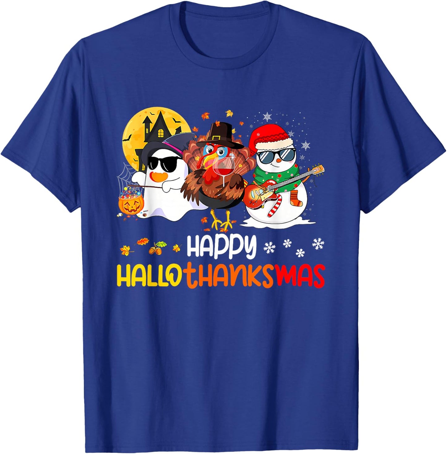Happy Hallothanksmas Cute Ghost Halloween Thanksgiving Xmas T-Shirt - T-Shirt | Royal