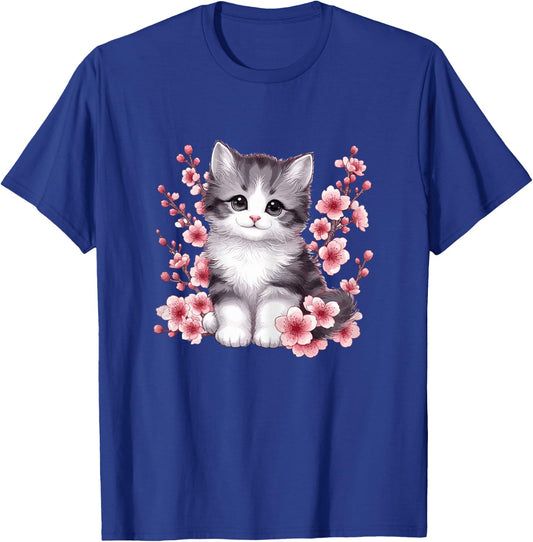 Cat with Cherry Blossoms Cute Cat T-Shirt - T-Shirt | Royal