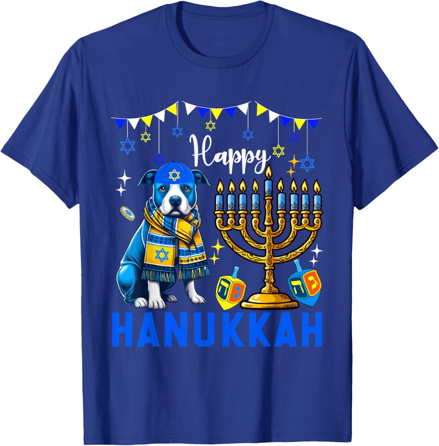 Happy Hanukkah Pit Bull Menorah Dreidel Dog Owner Lover T-Shirt - T-Shirt | Royal
