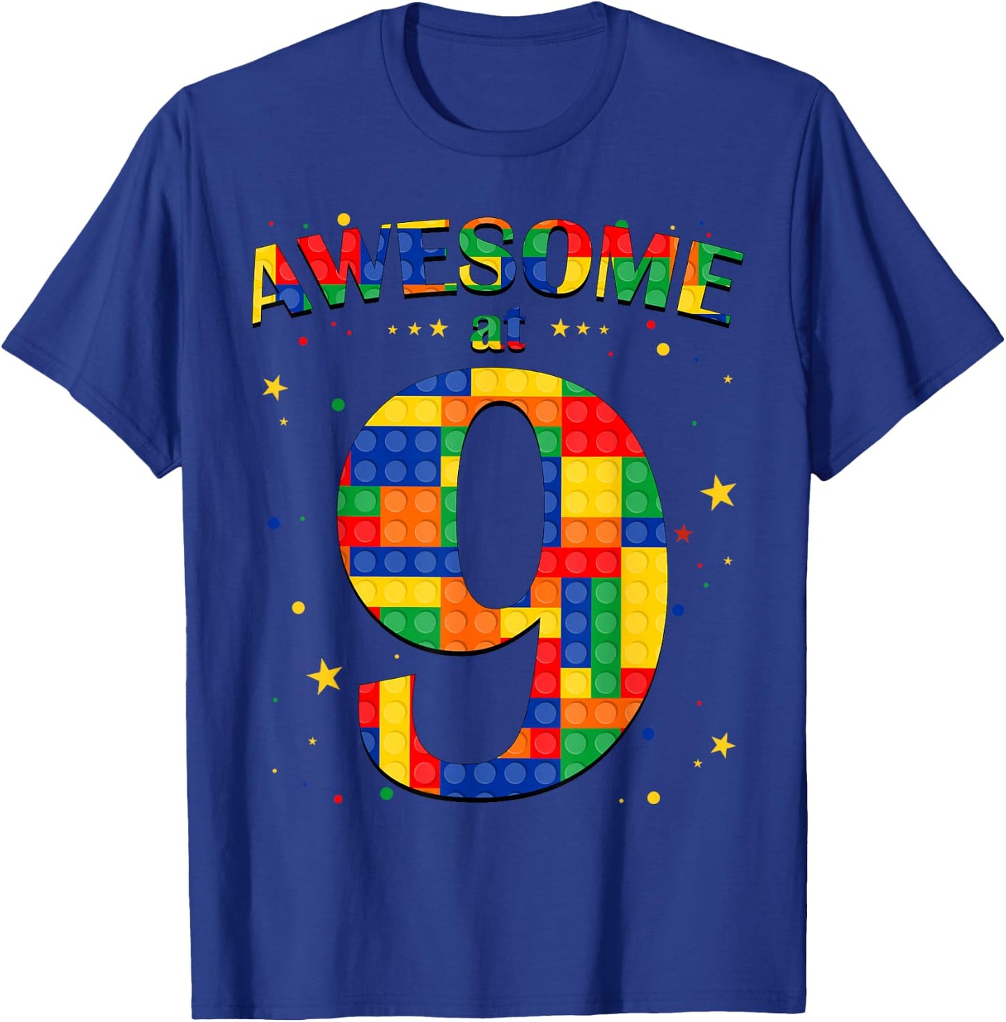 Building Blocks Bricks Awesome at 9 Years Old Birthday Boy T-Shirt - T-Shirt | Royal
