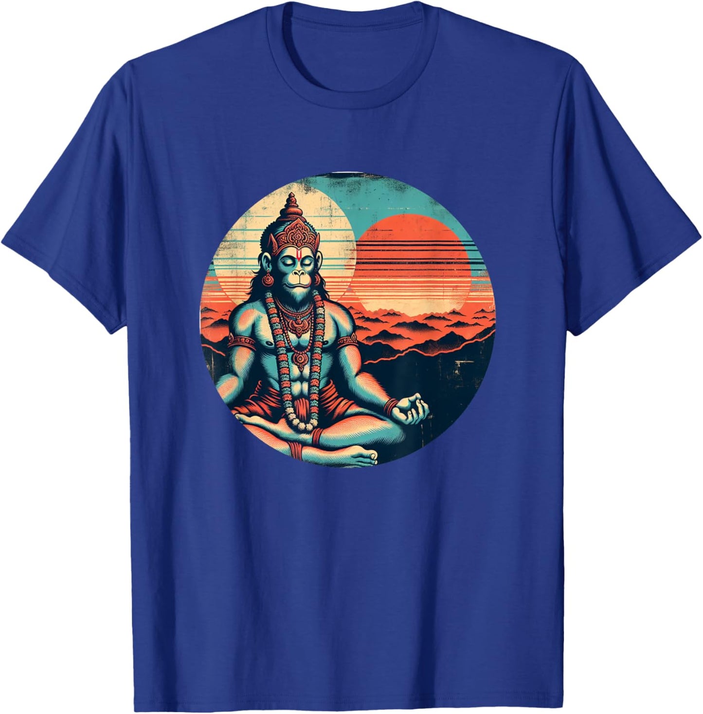 Meditating Hanuman Vintage Sunset Empowering Yoga Meditation T-Shirt - T-Shirt | Royal