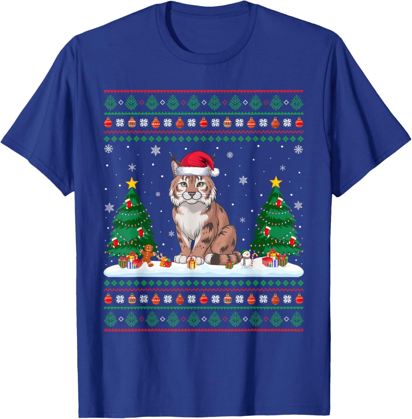 Christmas Tree Lights Bobcat Santa Ugly Xmas Sweater Men Women Kids T-Shirt - T-Shirt | Royal