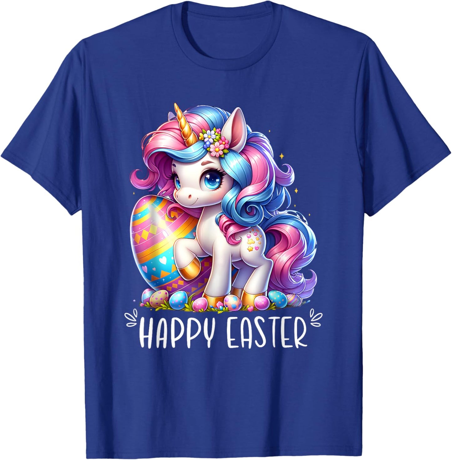 Unicorn Happy Easter Day Bunny Rainbow Egg Girls Kids T-Shirt - T-Shirt | Royal