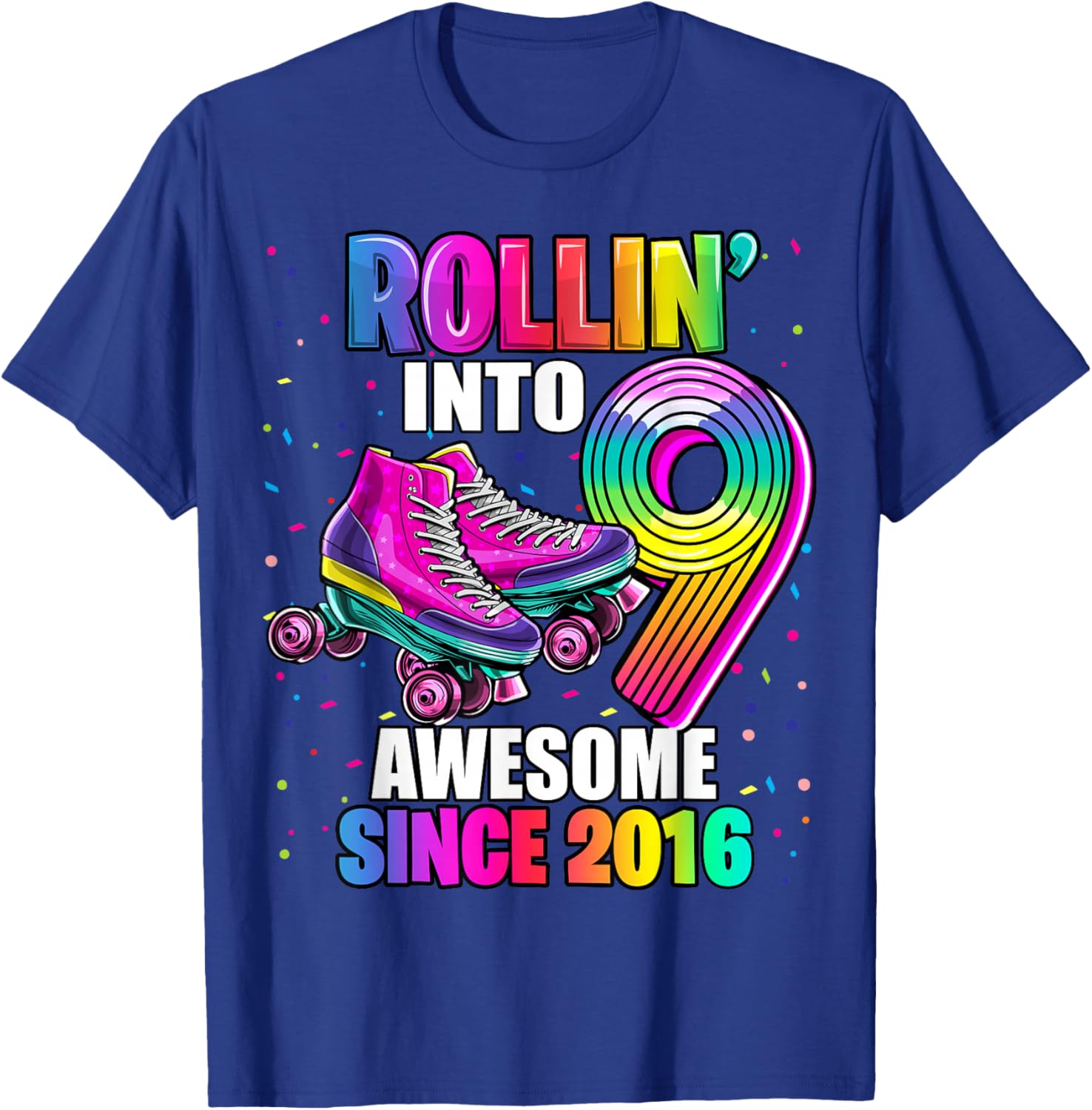 Birthday Roller Skating 9th Girls Rollin into 9 Skate Party T-Shirt - T-Shirt | Royal