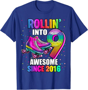 Birthday Roller Skating 9th Girls Rollin into 9 Skate Party T-Shirt - T-Shirt | Royal
