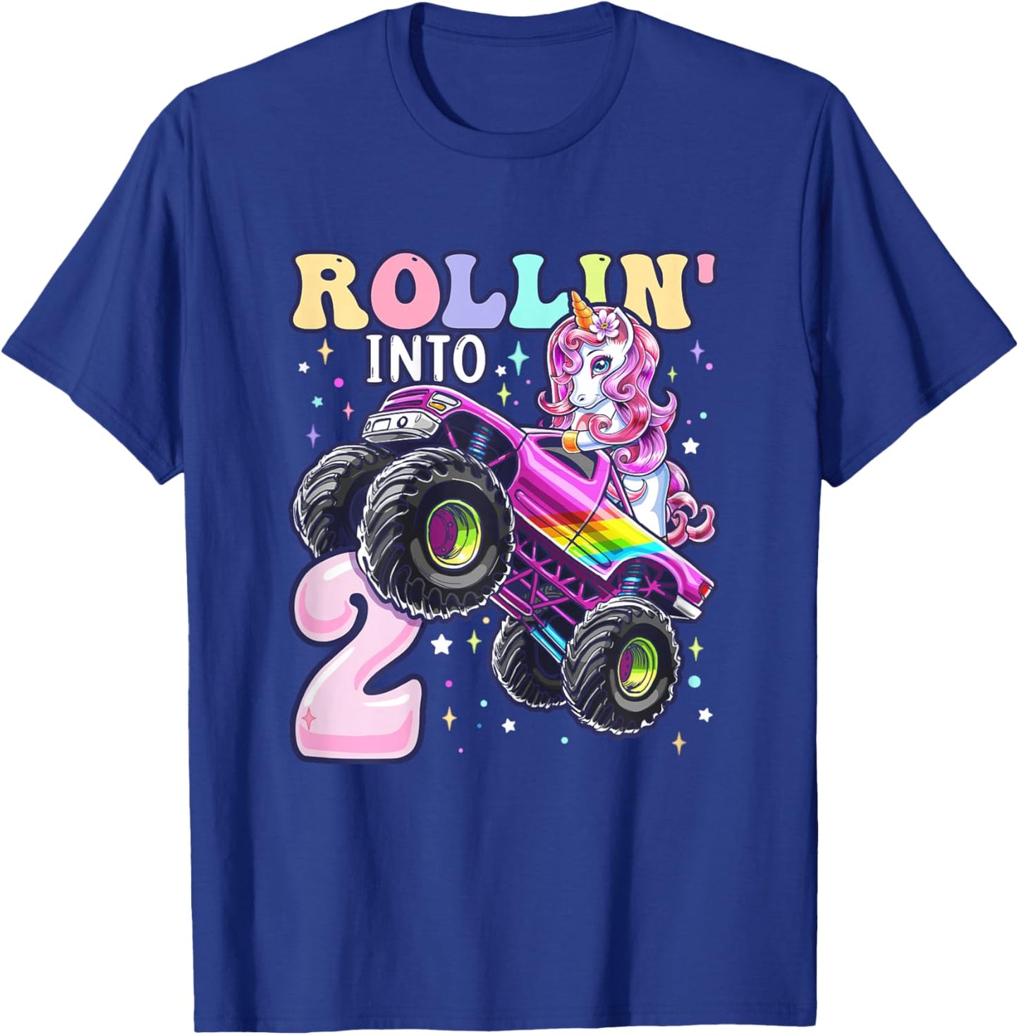 Unicorn Monster Truck 2nd Birthday 2 Year Old Girls Party T-Shirt - T-Shirt | Royal