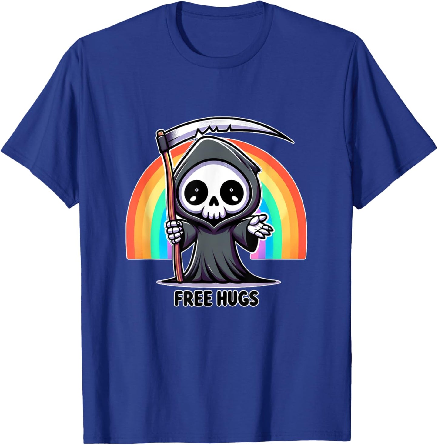 Skeleton Grim Reaper Halloween funny rainbow free hugs T-Shirt - T-Shirt | Royal
