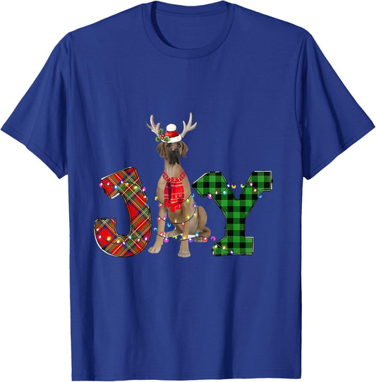 Joy Christmas Lights Fawn Great Dane Dog Santa Hat Pajama T-Shirt - T-Shirt | Royal