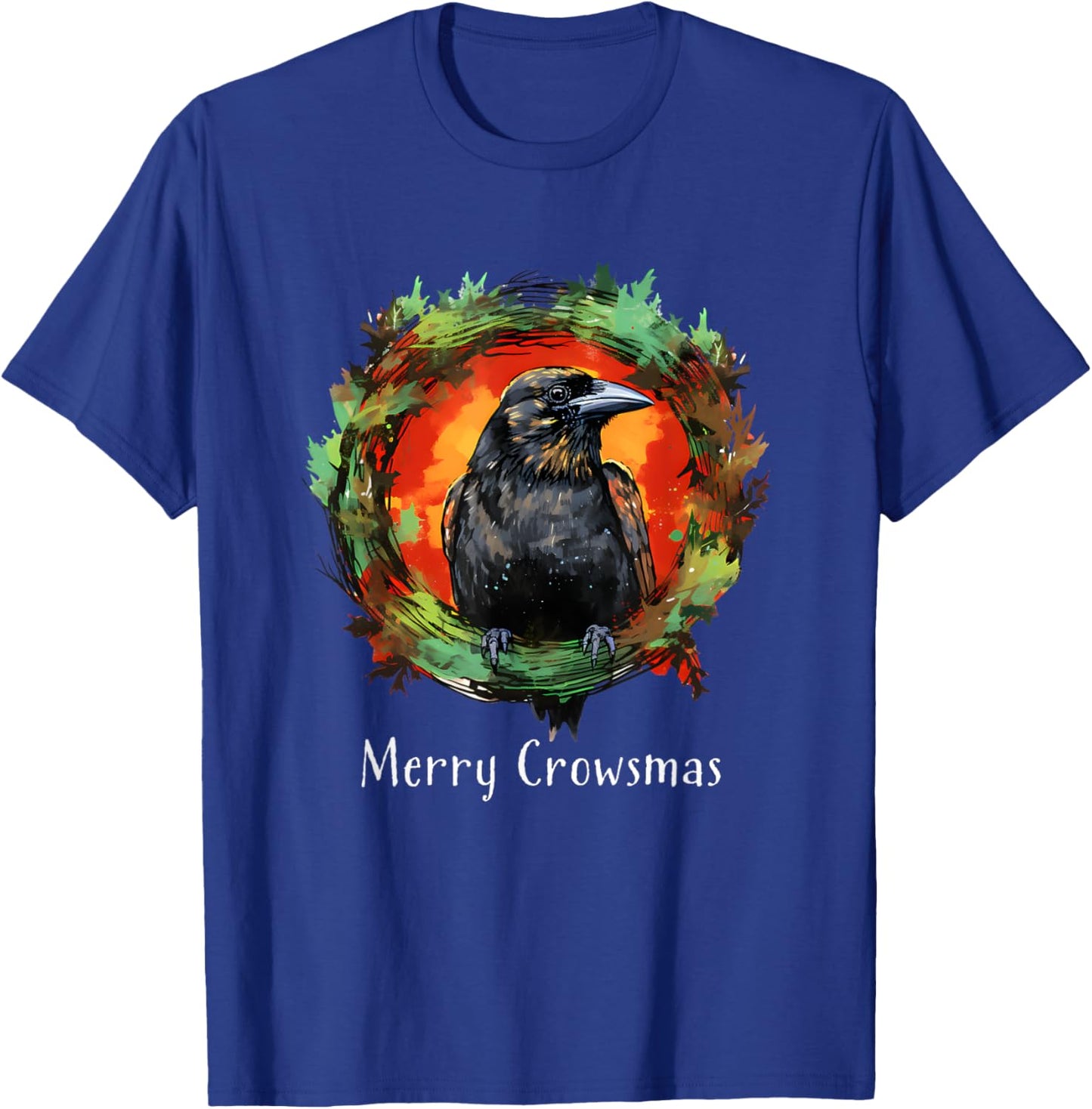 Humorous Holiday Designs For Christmas Lovers Funny Christmas Wreath Crow Corvid 'Merry Crowsmas' Holiday T-Shirt - T-Shirt | Royal