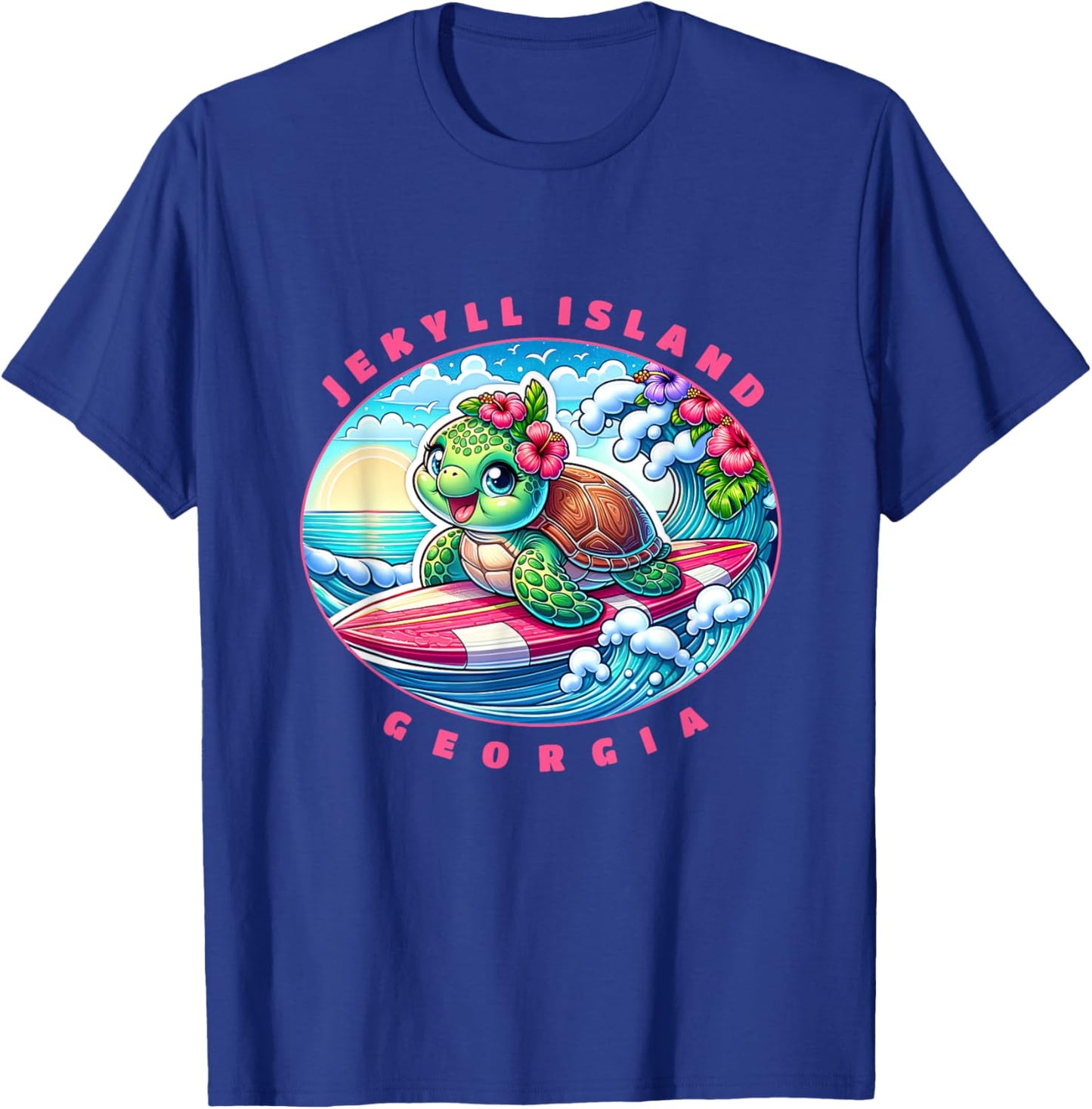 Jekyll Island Georgia Girls Cute Surfing Sea Turtle T-Shirt - T-Shirt | Royal