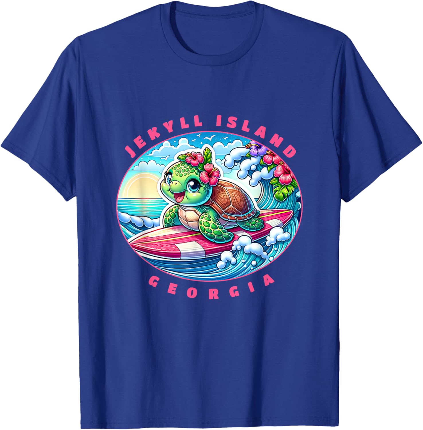 Jekyll Island Georgia Girls Cute Surfing Sea Turtle T-Shirt - T-Shirt | Royal