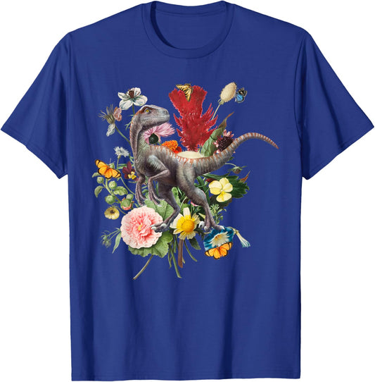 Cottagecore Velociraptor Dinosaur Flower Botanical Vintage T-Shirt - T-Shirt | Royal