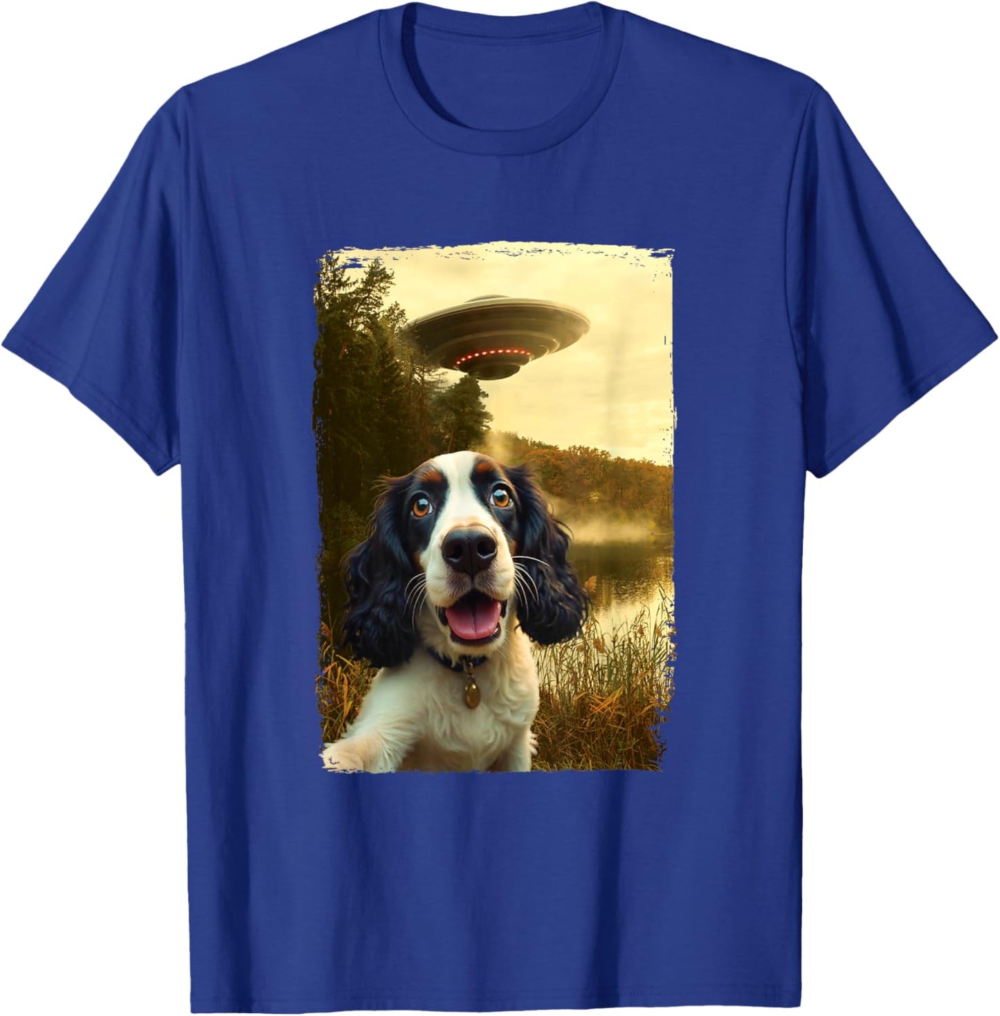 Funny English Cocker Spaniel Dog UFO Encounter Selfie Aliens T-Shirt - T-Shirt | Royal