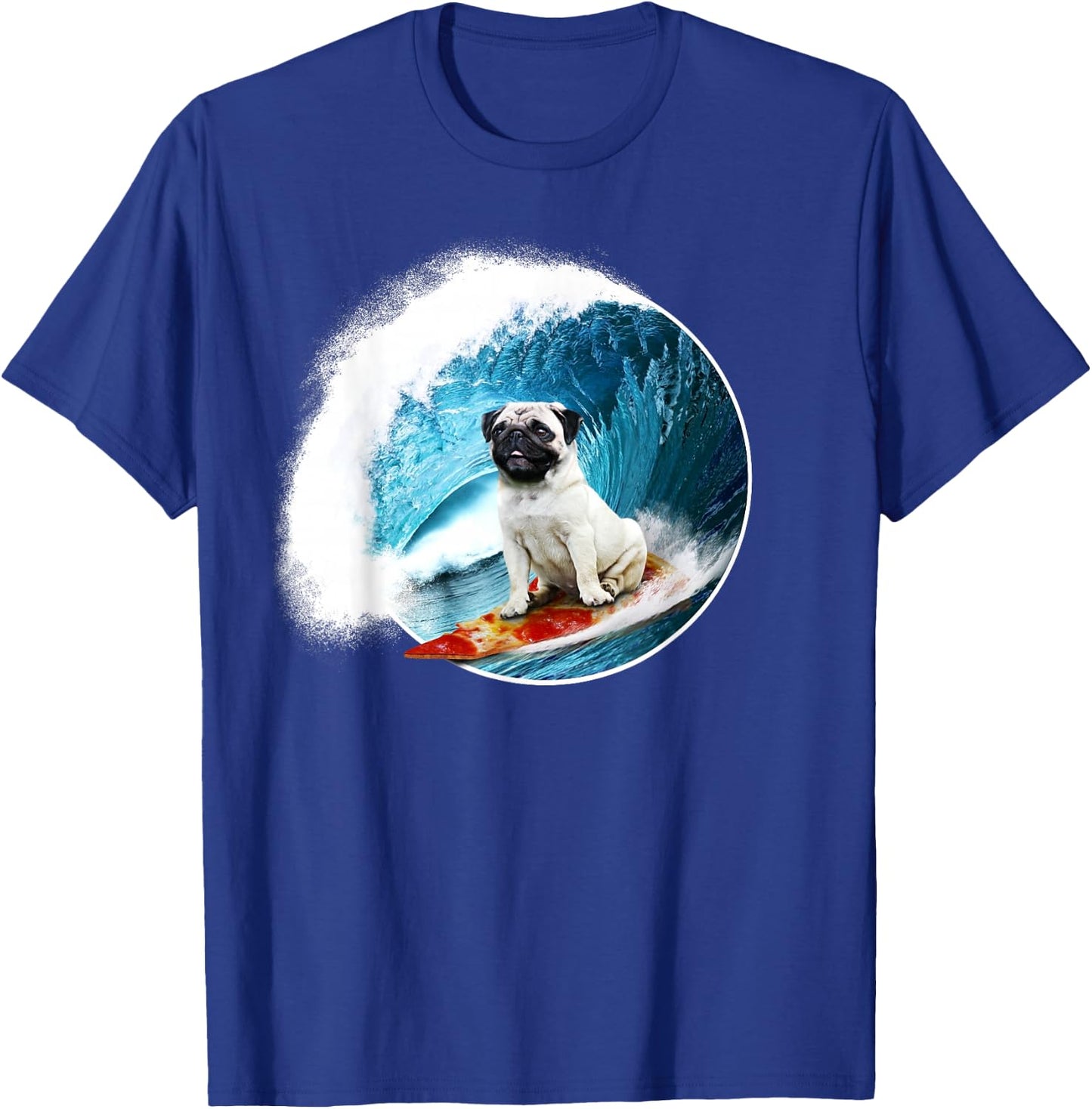 Funny Pug - Surfing Pug riding a ocean Wave on a Pizza T-Shirt - T-Shirt | Royal