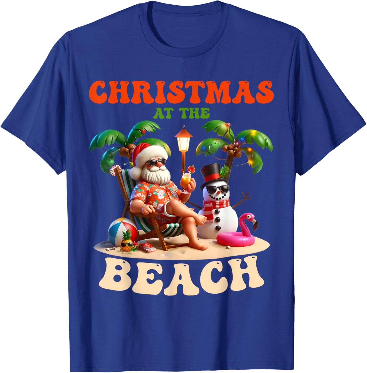 Christmas At The Beach Xmas In July Snowman Flamingo Summer T-Shirt - T-Shirt | Royal