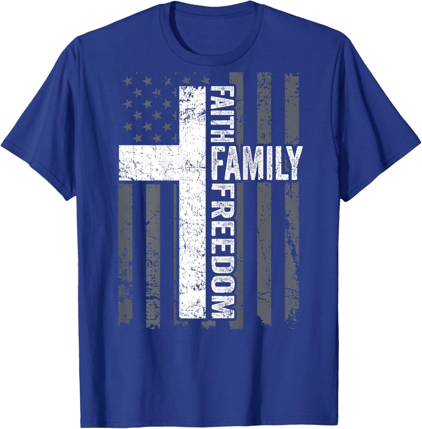 Faith Family & Freedom - Christian USA Cross Flag -ON Back T-Shirt - T-Shirt | Royal