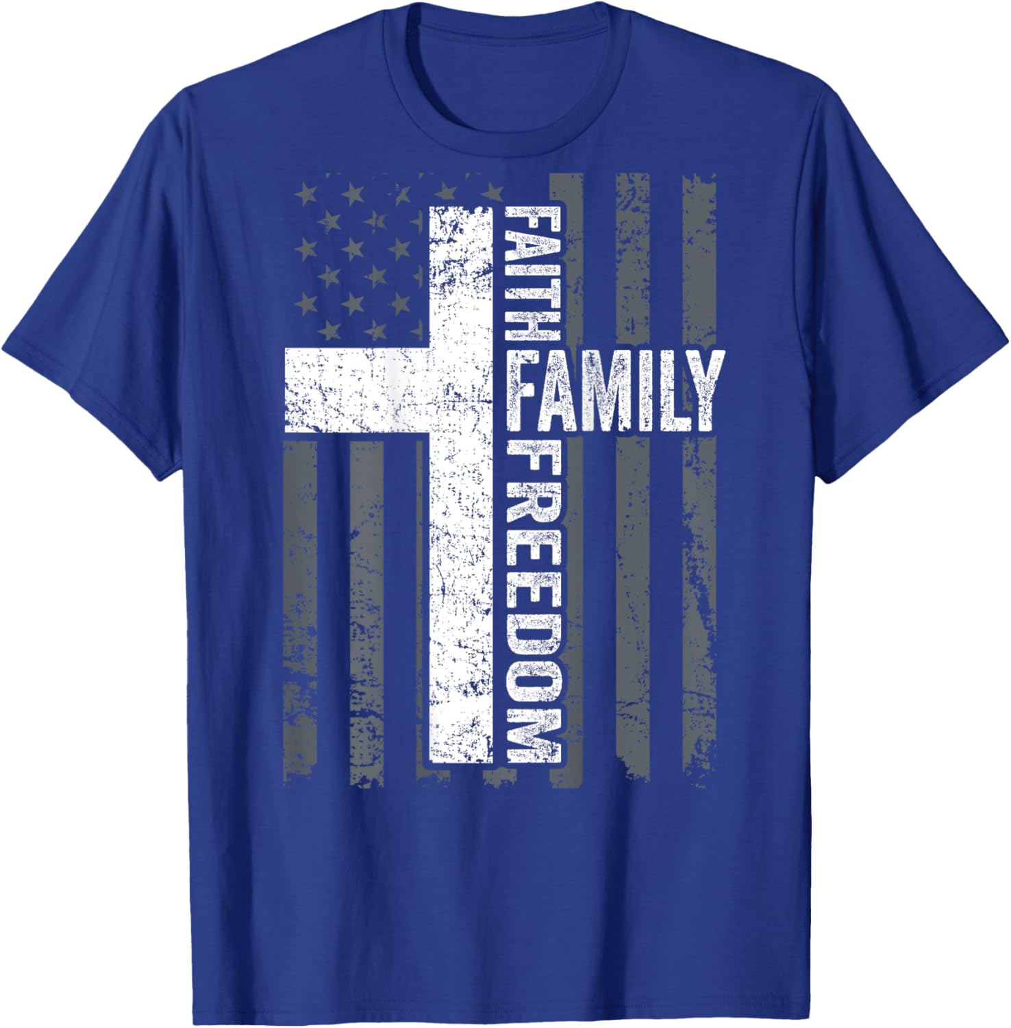 Faith Family & Freedom - Christian USA Cross Flag -ON Back T-Shirt - T-Shirt | Royal