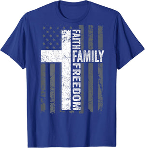 Faith Family & Freedom - Christian USA Cross Flag -ON Back T-Shirt - T-Shirt | Royal
