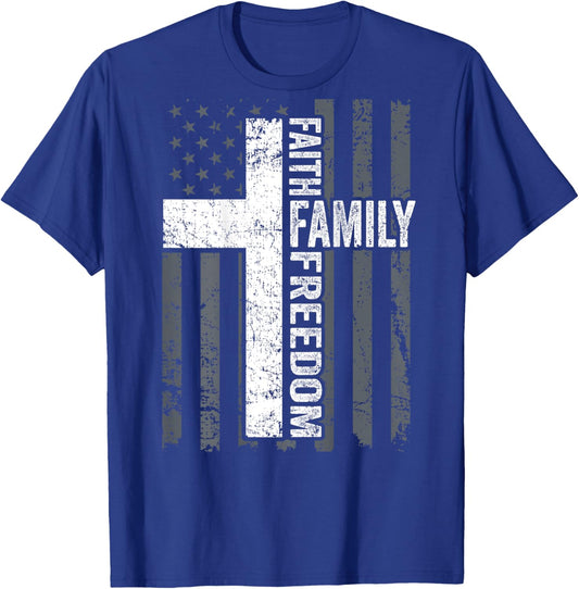 Faith Family & Freedom - Christian USA Cross Flag -ON Back T-Shirt - T-Shirt | Royal