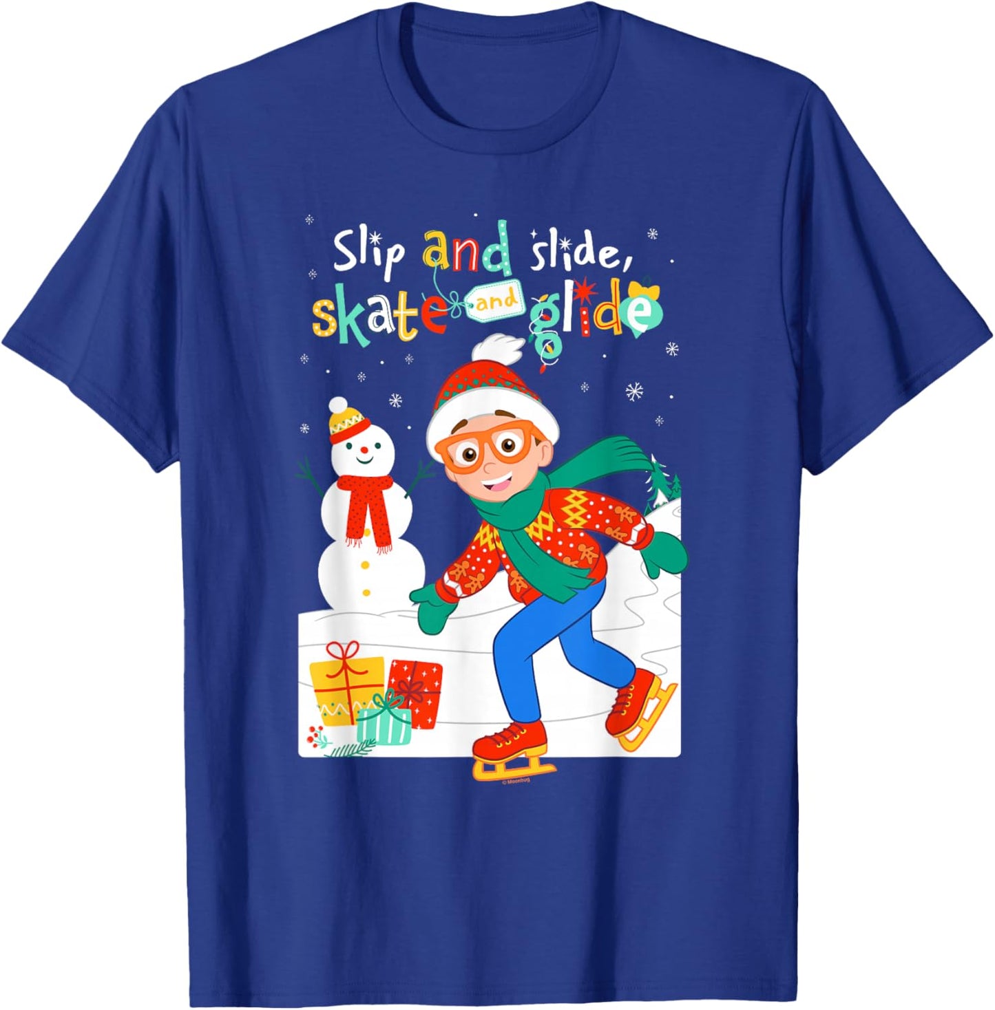 Blippi Christmas Slip Slide Skate Glide T-Shirt - T-Shirt | Royal