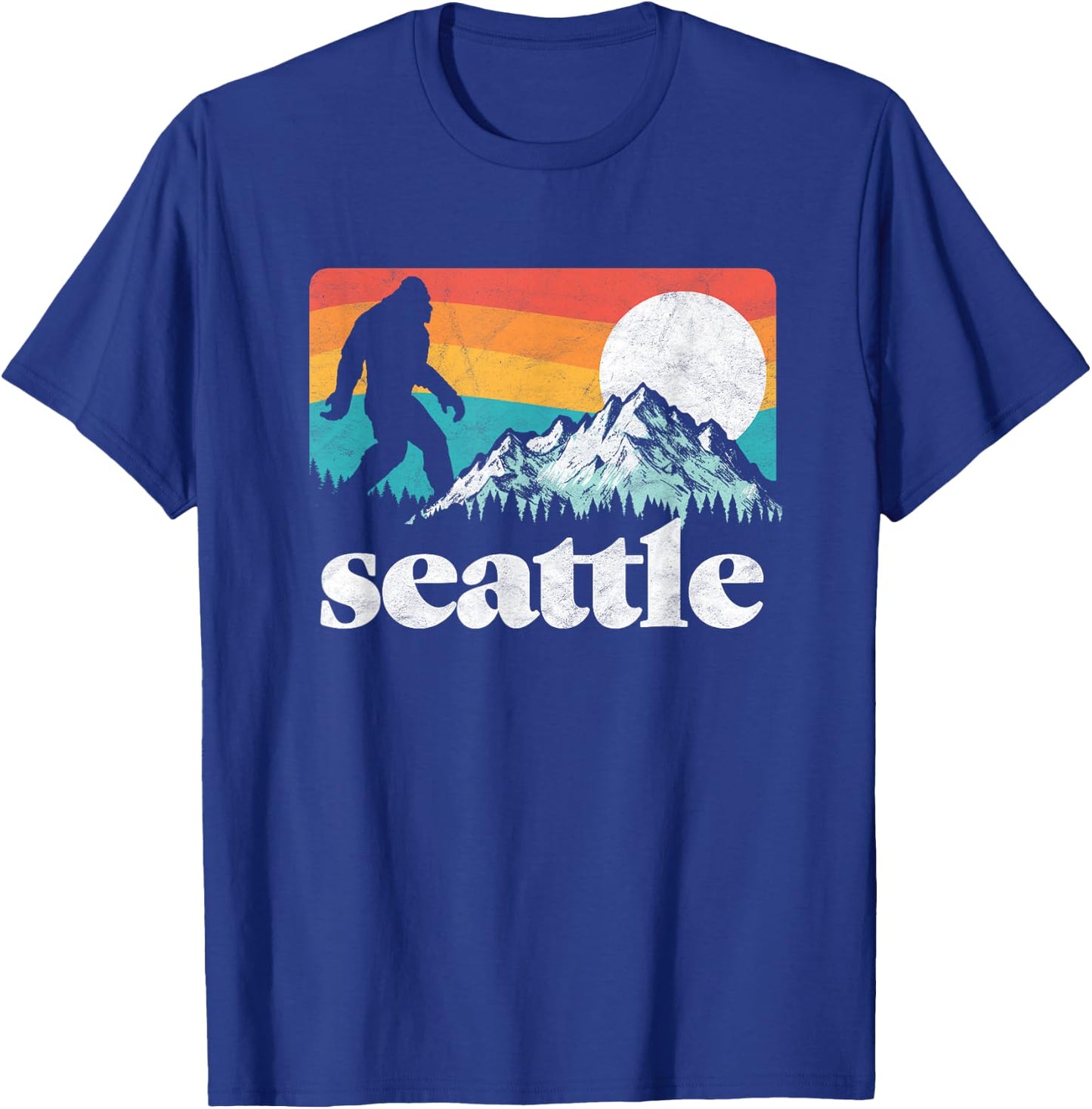 Seattle Washington Bigfoot Mountains Retro Distressed 80s T-Shirt - T-Shirt | Royal