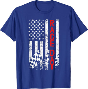 Race Day US Flag Checkered Flag Car Racing Day Race Days T-Shirt - T-Shirt | Royal