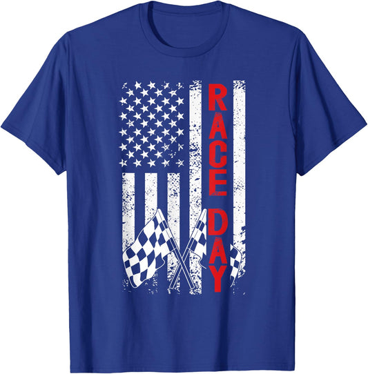 Race Day US Flag Checkered Flag Car Racing Day Race Days T-Shirt - T-Shirt | Royal