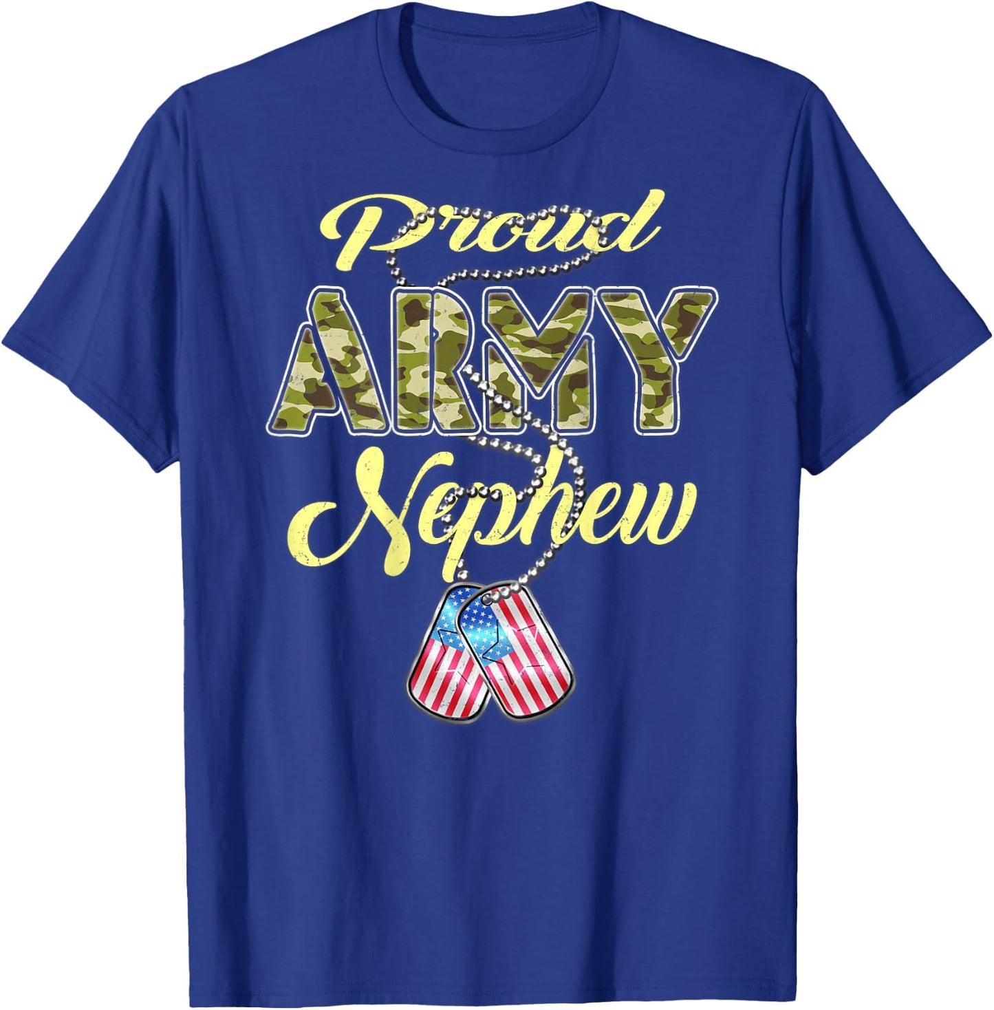 Proud Army Nephew US Flag Dog Tags Pride Military Family T-Shirt - T-Shirt | Royal