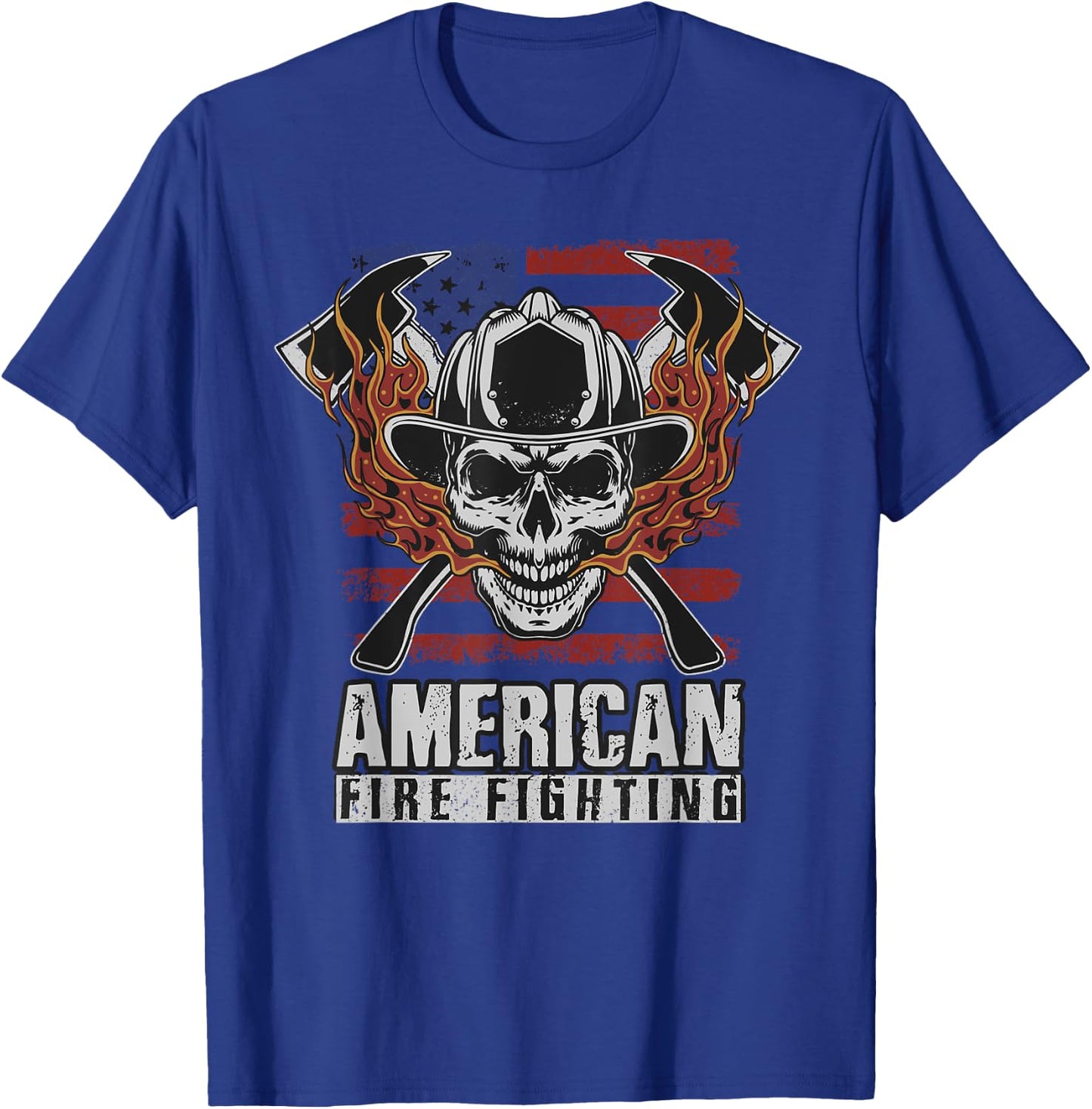 Funny Firefighter Gift Patriotic American Flag Fireman Skull T-Shirt - T-Shirt | Royal