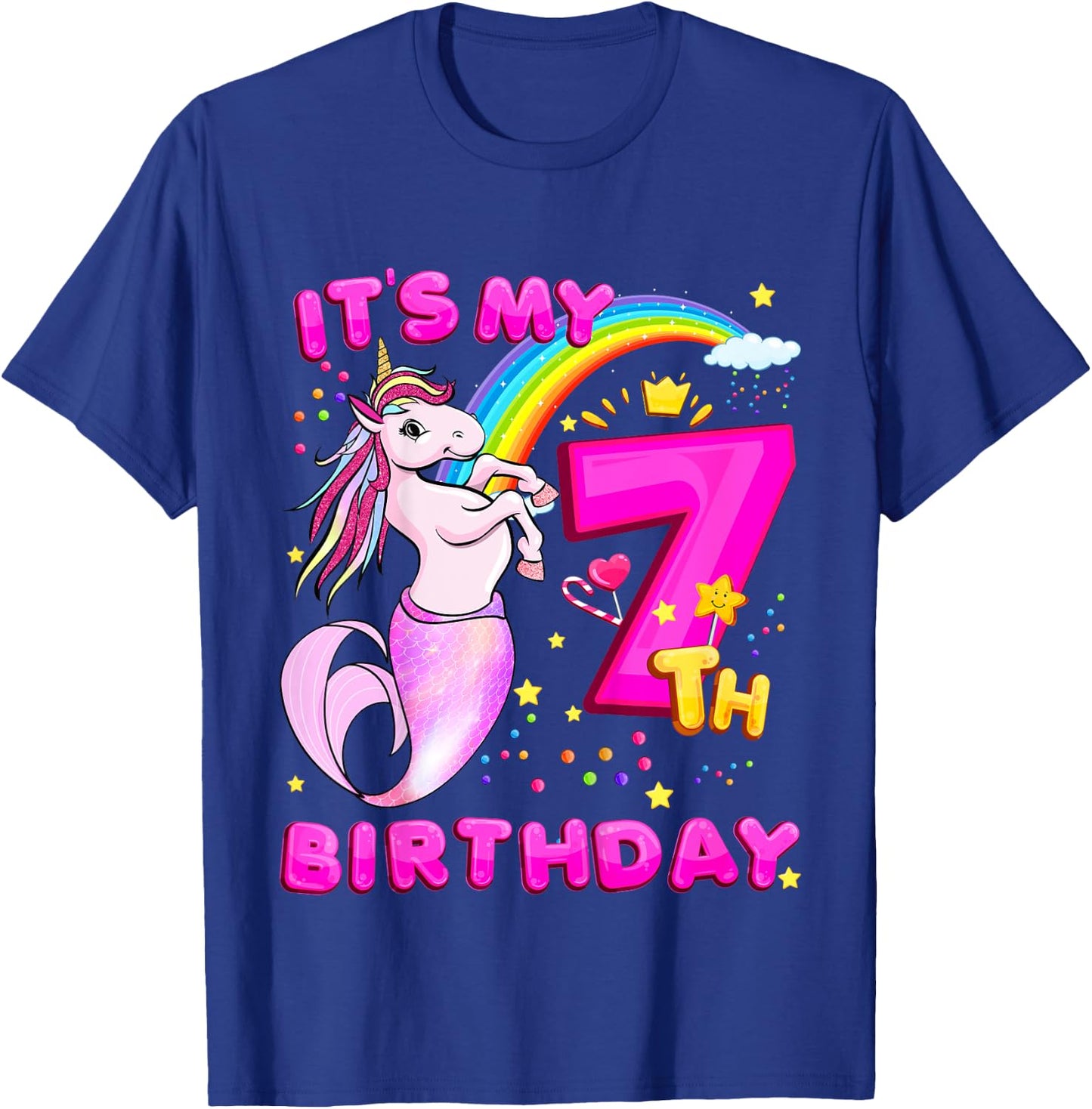 7th Birthday Unicorn Mermaid Girls 7 Years Old Mermicorn T-Shirt - T-Shirt | Royal