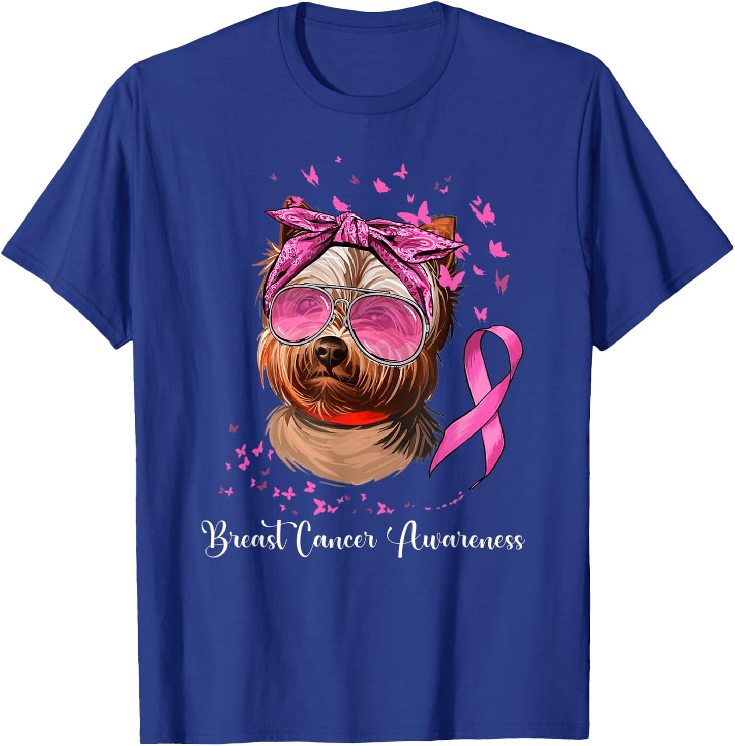 Yorkie Dog Lover Pink Ribbon Breast Cancer Awareness T-Shirt - T-Shirt | Royal