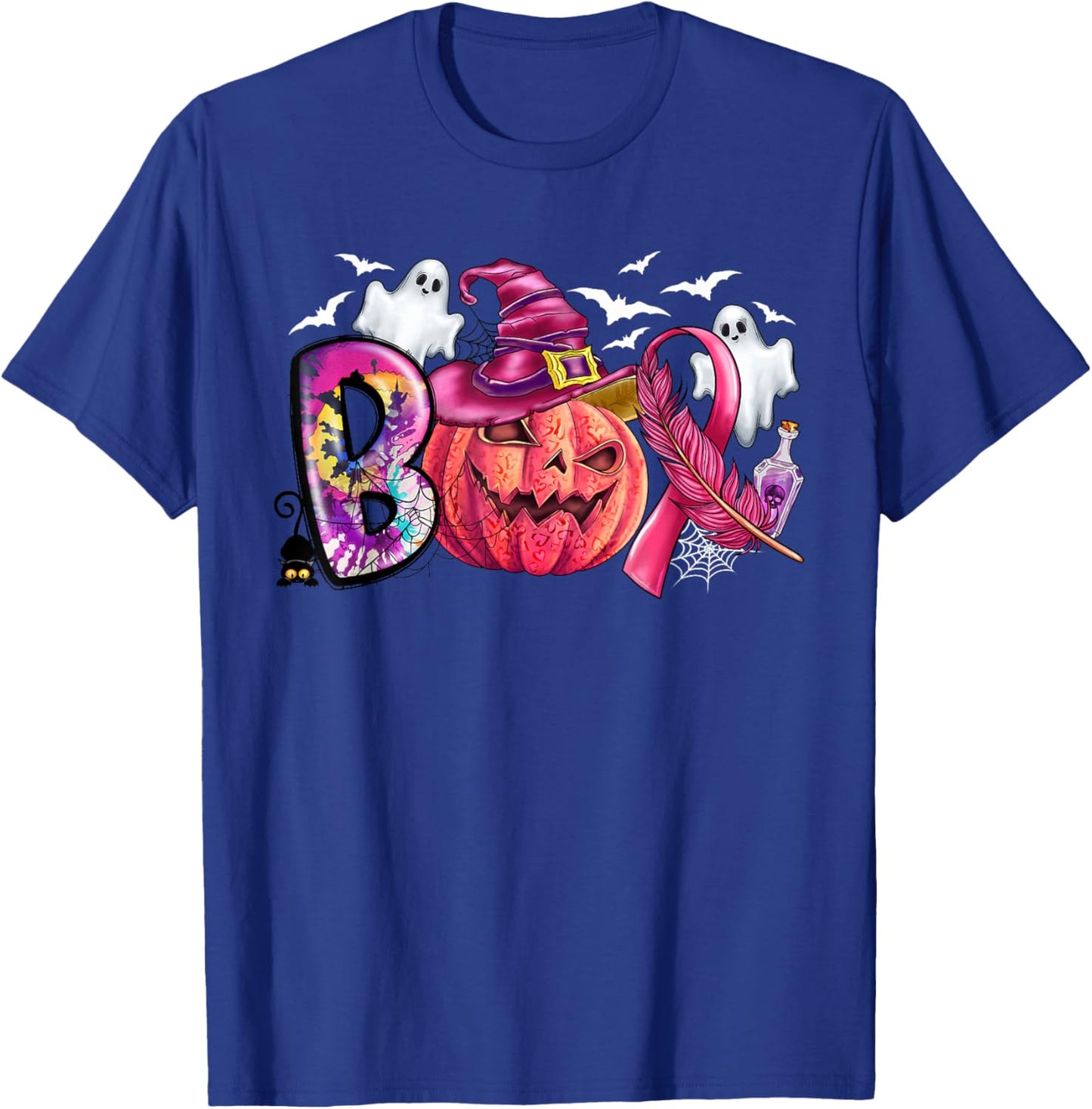 Boo Halloween Pumpkin Pink Ribbon Witch Breast Cancer Ribbon T-Shirt - T-Shirt | Royal