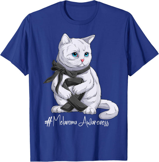 Melanoma Awareness Month Black Ribbon Cat T-Shirt - T-Shirt | Royal