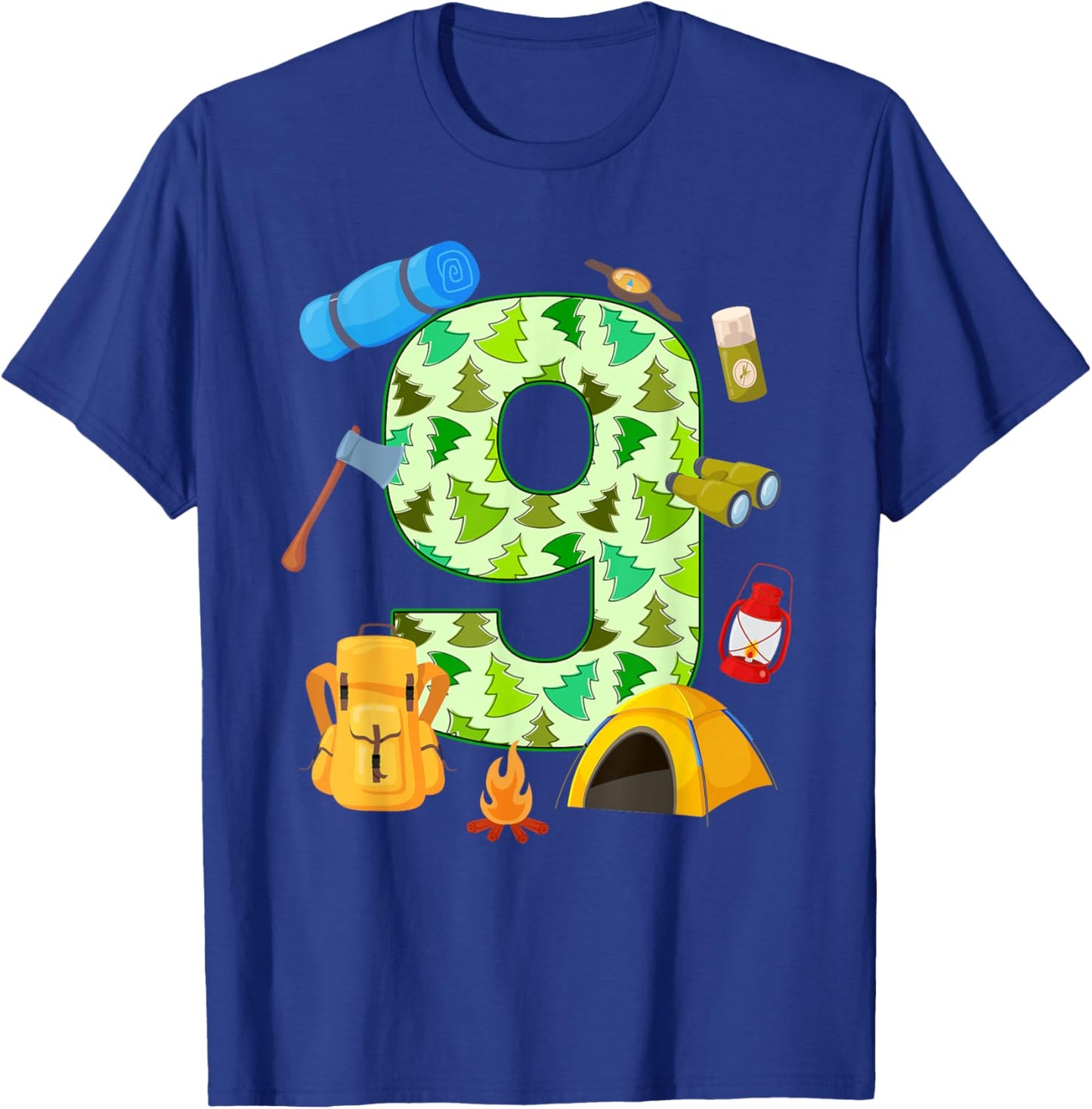 9th Birthday Camping Theme 9 Year Old Birthday Kids T-Shirt - T-Shirt | Royal