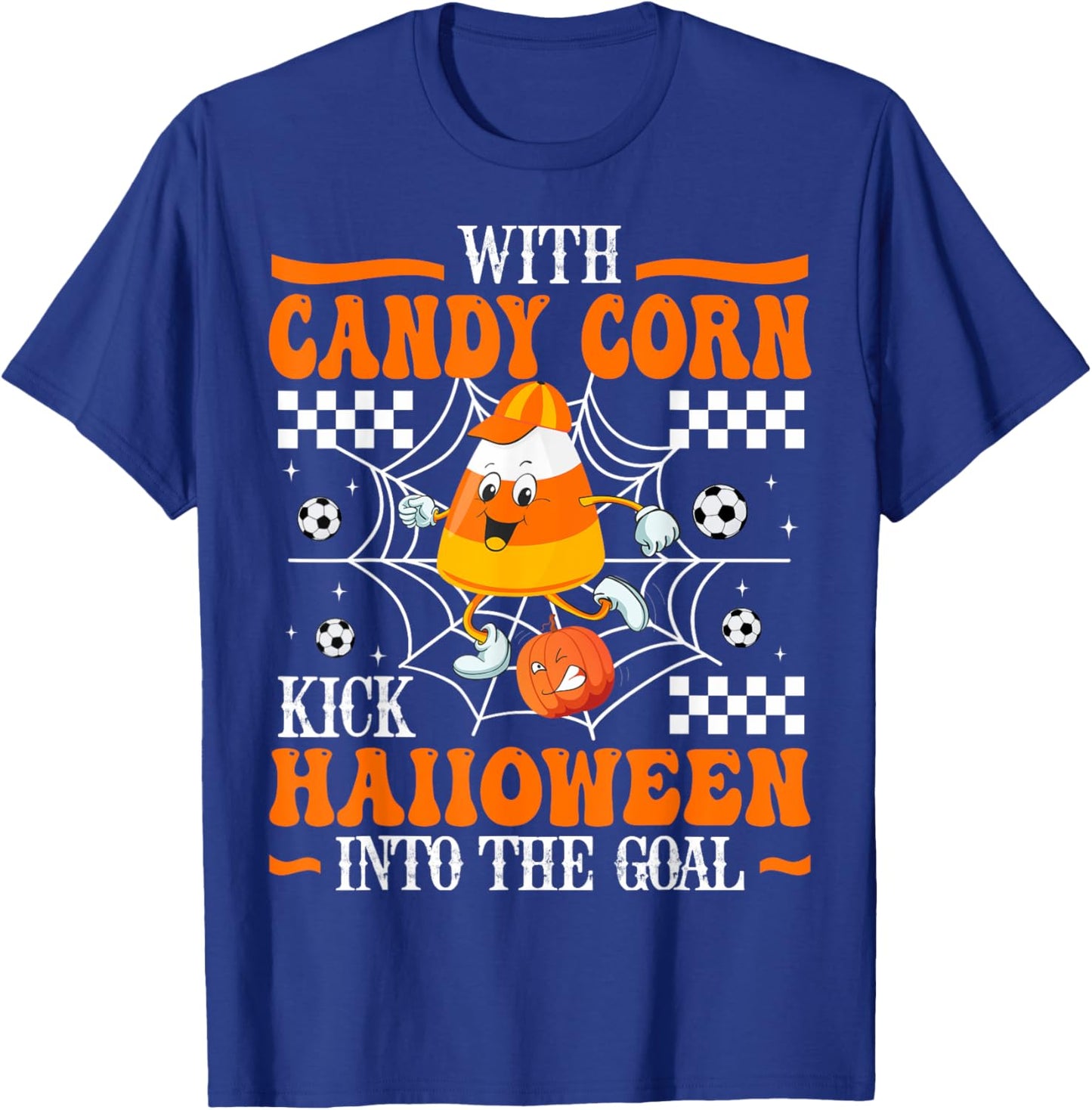 Candy Corn Soccer Play Scary Football Pumpkin Cute Halloween T-Shirt - T-Shirt | Royal