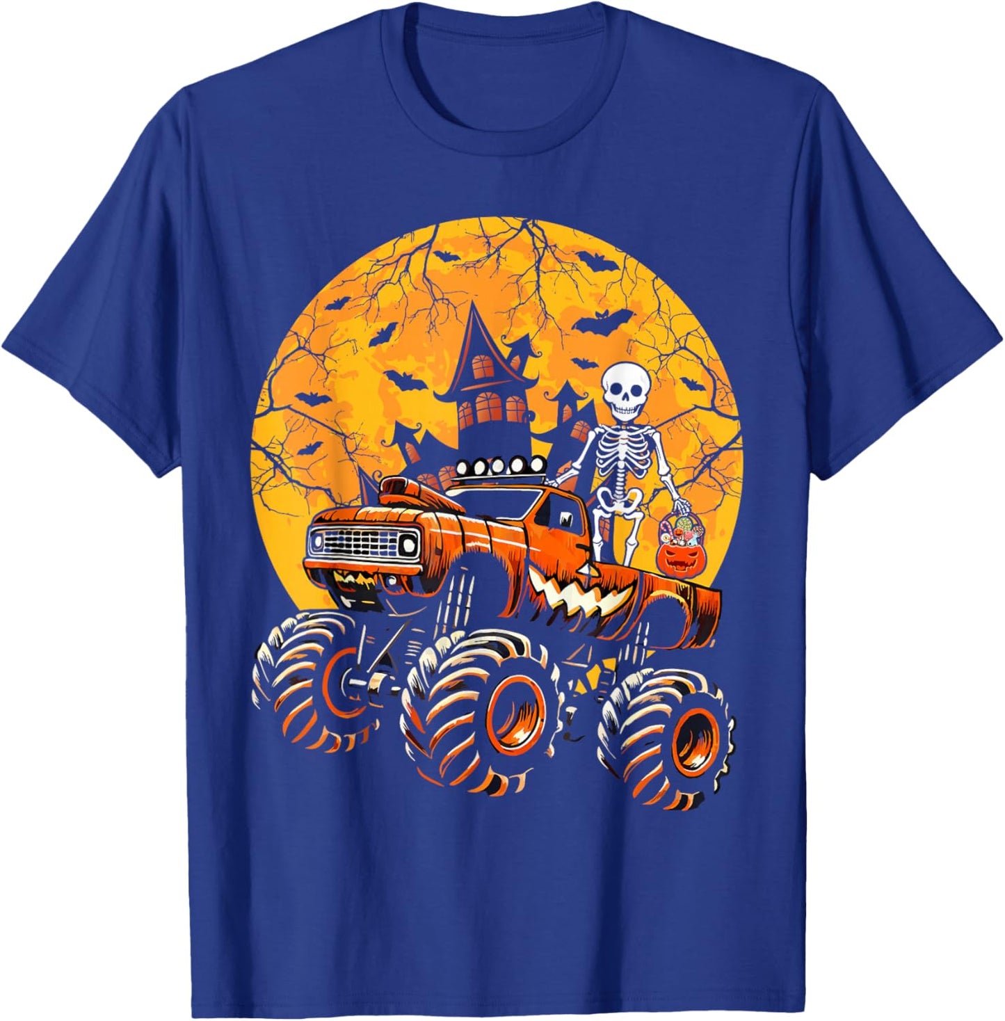 Halloween Skeleton Riding Monster Truck Pumpkin Boys Kids T-Shirt - T-Shirt | Royal