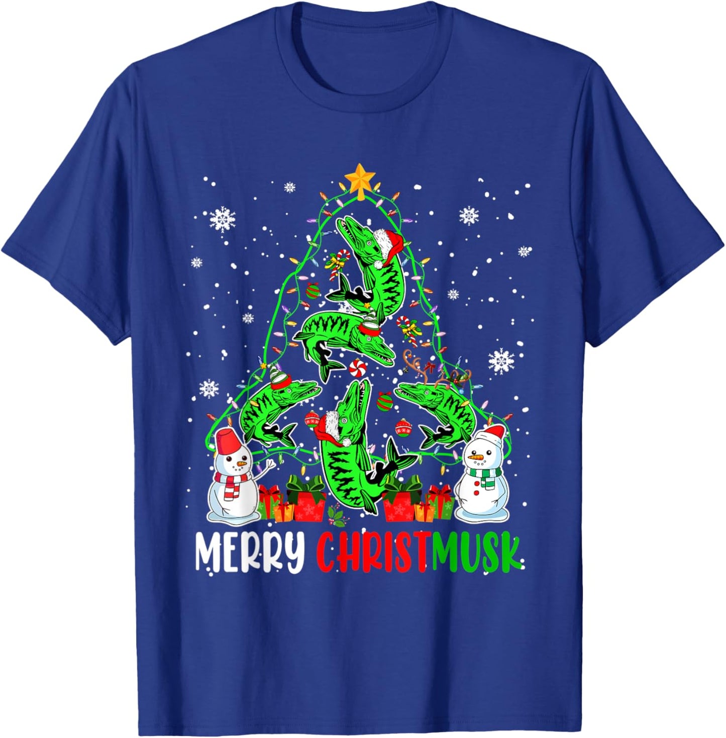 Merry Christmas Musky Funny Santa Musky Fishes As Xmas Tree T-Shirt - T-Shirt | Royal