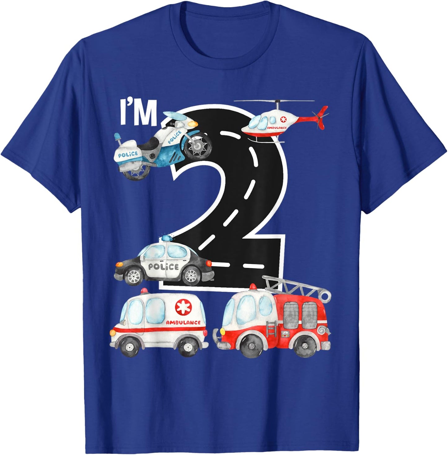 Emergency Vehicles 2nd Birthday Fire Truck Police Car Boys T-Shirt - T-Shirt | Royal