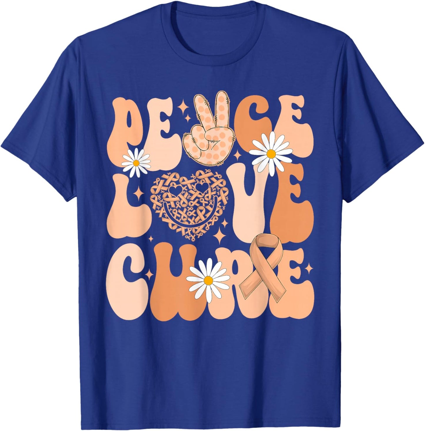 Retro Groovy Peace Love Cure Uterine Cancer Awareness Month T-Shirt - T-Shirt | Royal