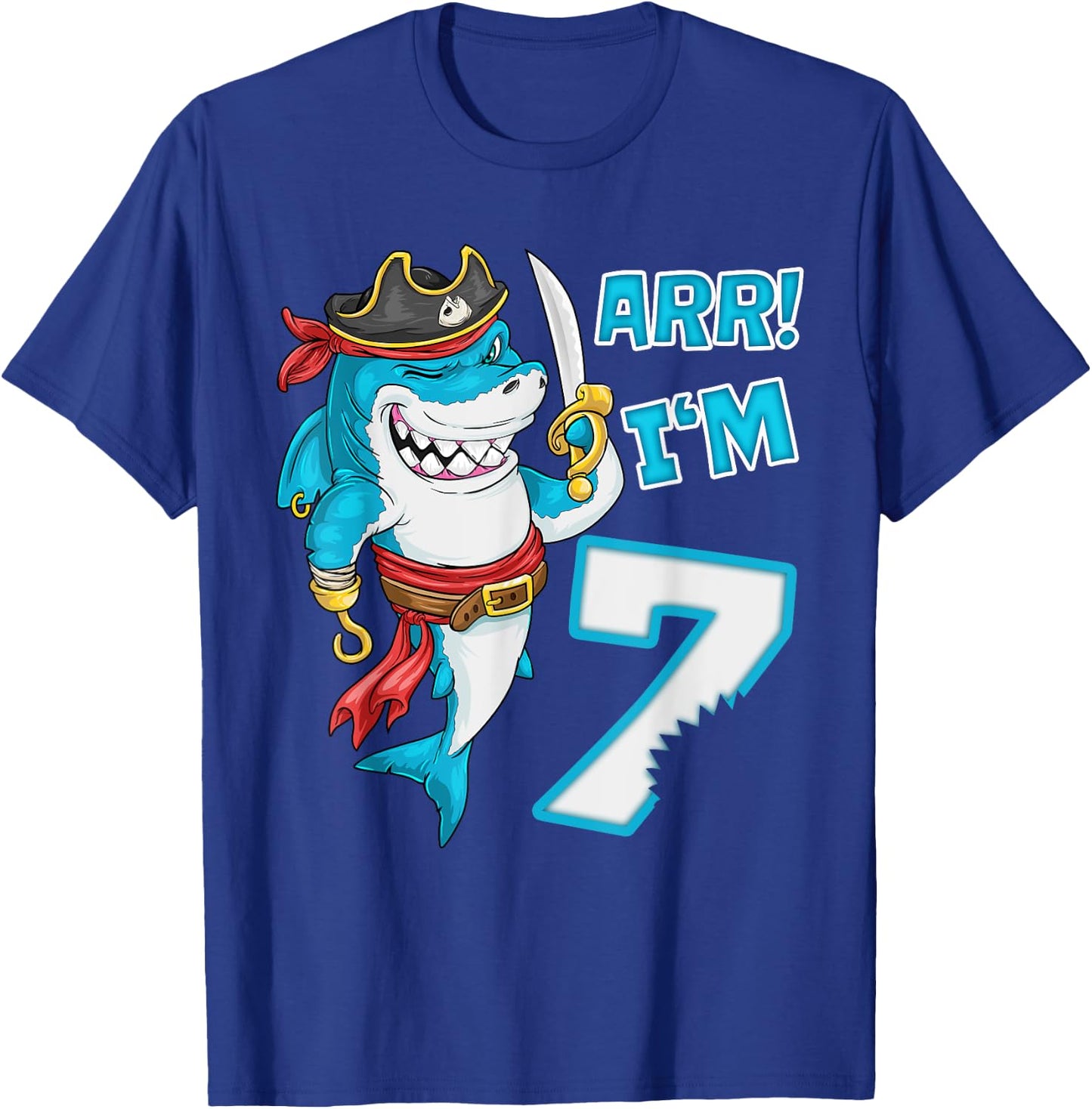 I'm 7 years Bday Shark pirate 7th Birthday boy pirate Party T-Shirt - T-Shirt | Royal