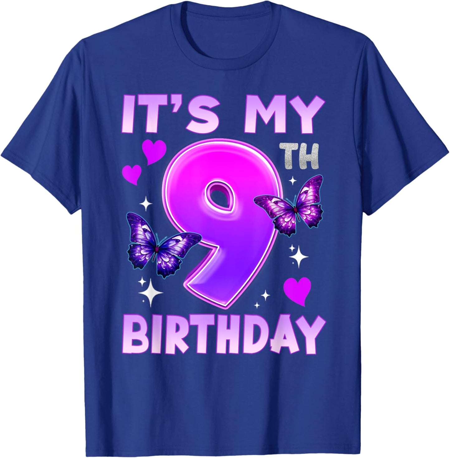 9th Birthday Butterfly Nine Bday 9 Year Old Birthday Girl T-Shirt - T-Shirt | Royal