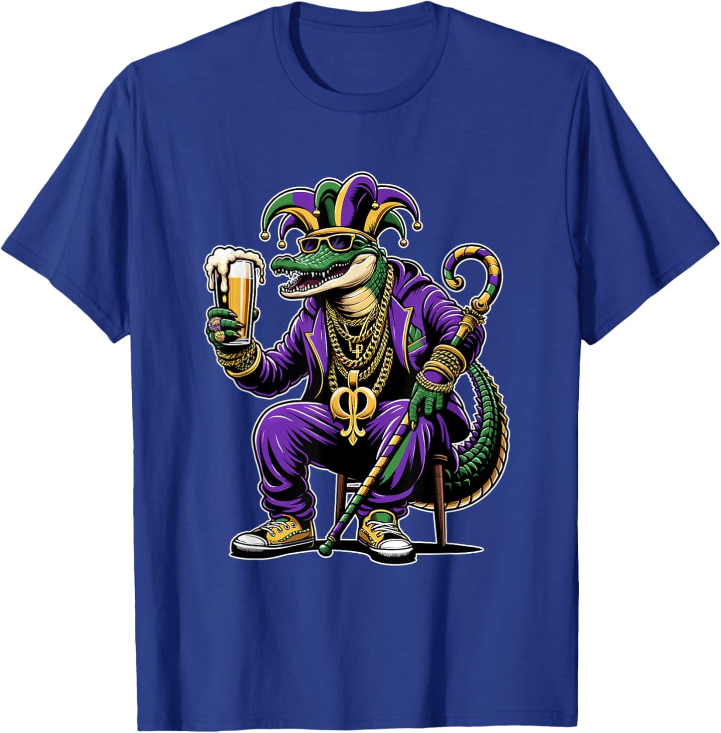Beads & Bling Gangster Mardi Gras Gator Alligator Jester T-Shirt - T-Shirt | Royal