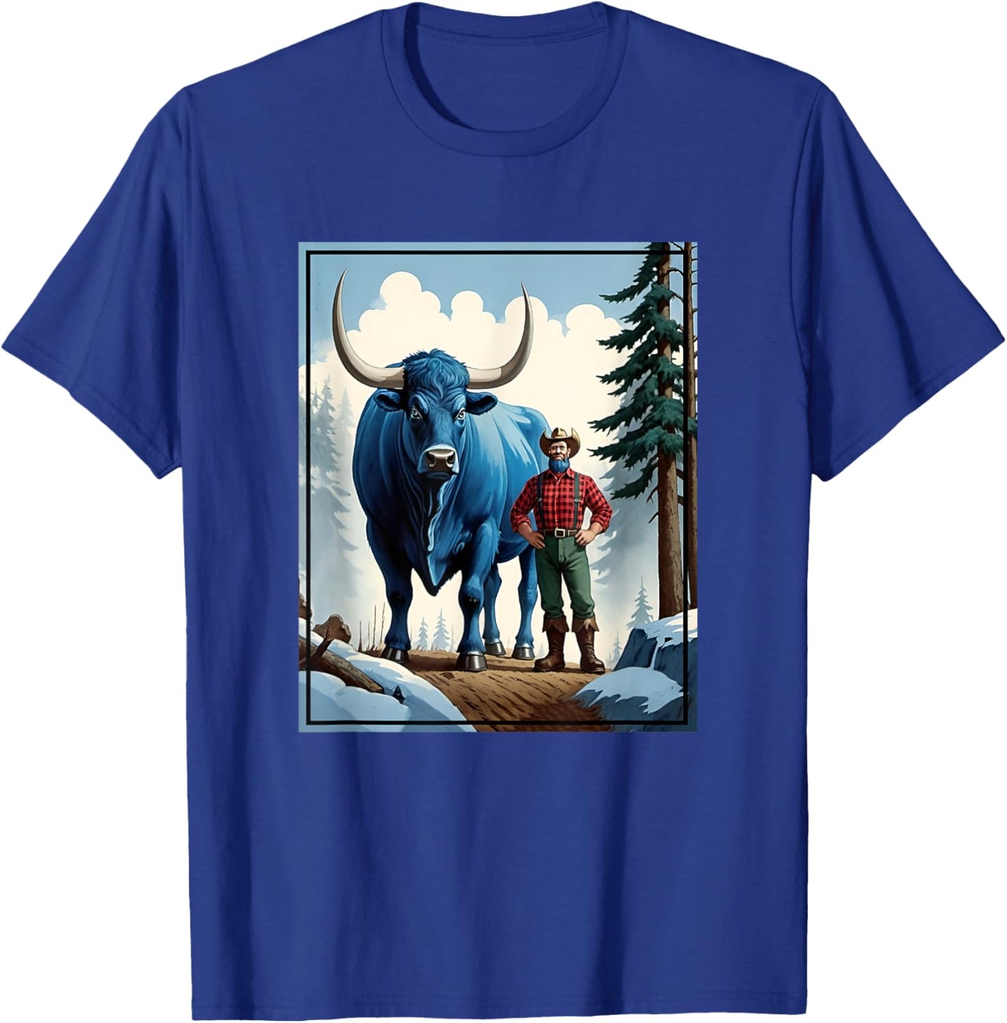 American Lumberjack Folk Hero Paul Bunyan & Babe The Giant Blue Ox in The Woods T-Shirt - T-Shirt | Royal