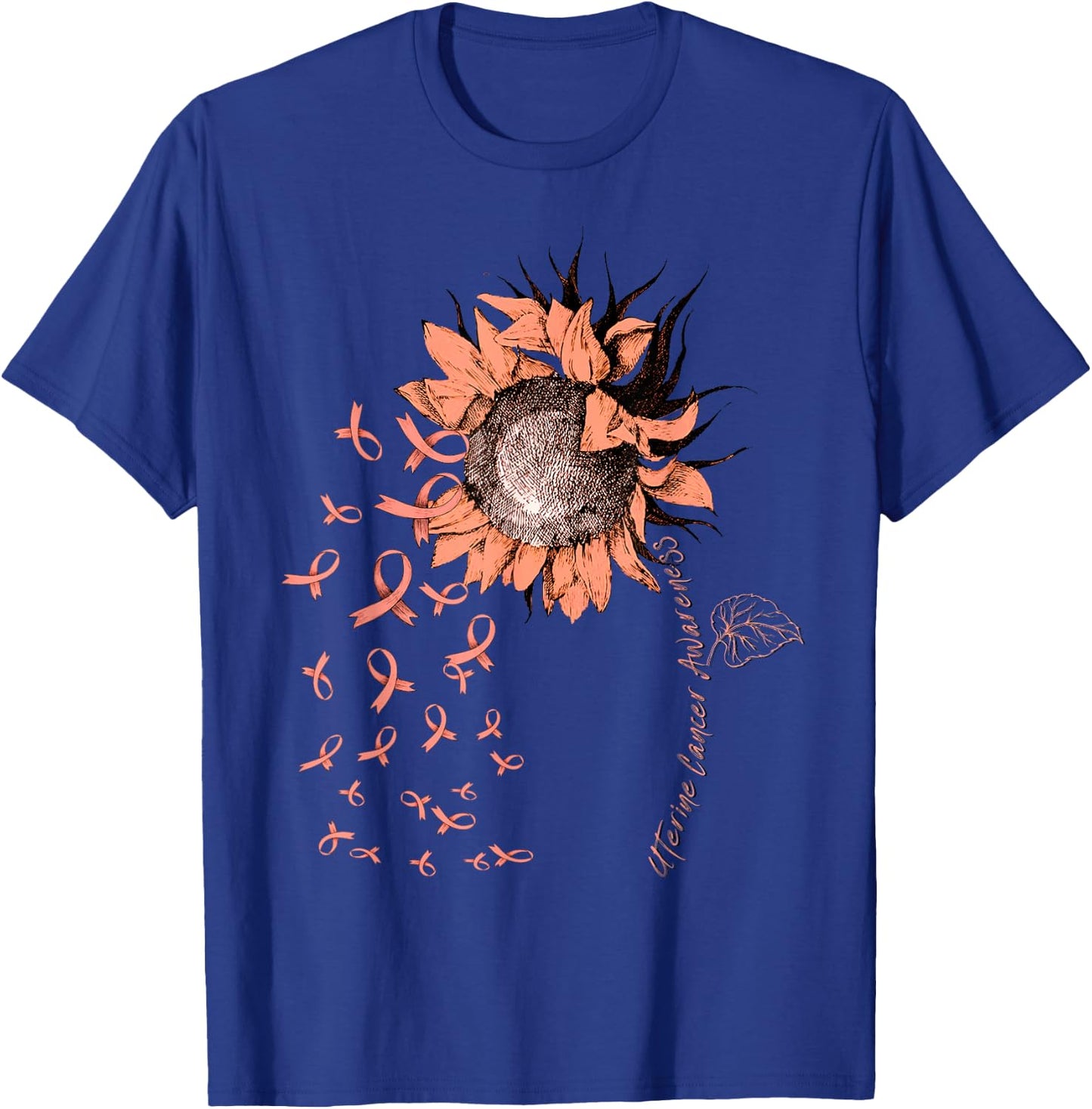 UTERINE CANCER Awareness Sunflower Peach Ribbon T-Shirt - T-Shirt | Royal